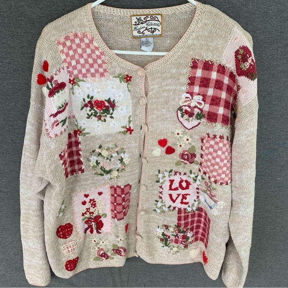 Heirloom Collectibles Sweaters - Vintage Sweater Y2K Beige Patchwork Cardigan Heirloom Collectibles Flowers Love